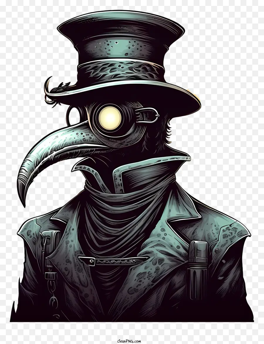 steampunk character black and white image top hat and coat adventure and exploration gas mask