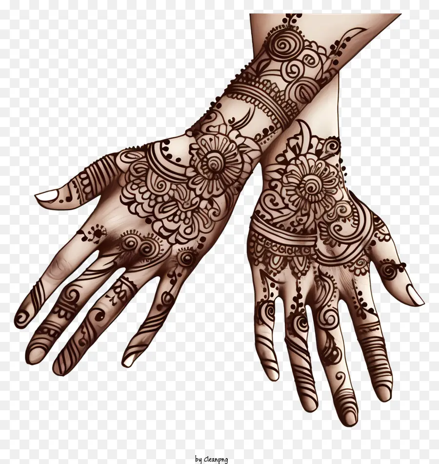 henna designs intricate patterns woman's hands black lines and swirls skin showing through