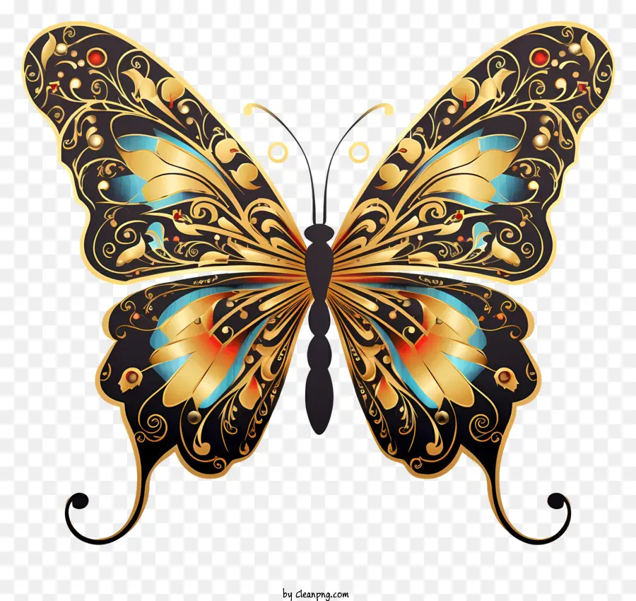 Schmetterling komplizierte Details verzierter Wirbel Blumenmuster Transformation - Kompliziertes Gold -Schmetterlingsbild, das Transformation und Eleganz symbolisiert