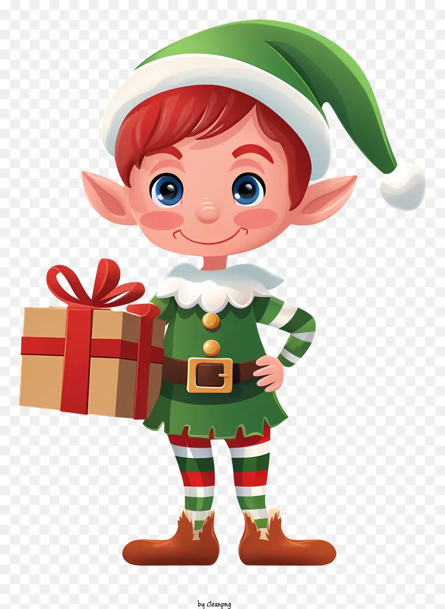 sfondo bianco - Elfo gioioso con regalo, abbigliamento verde e rosso