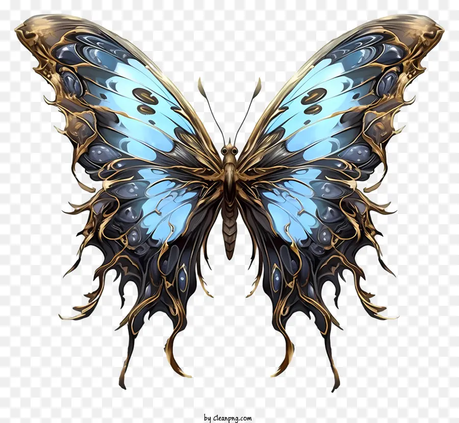 Blaues Schmetterling computergeneriertes Bild großer Schmetterling Gold und schwarze Designs Flügel ausbreiten - Computergeneriertes Bild von blauem Schmetterling in der Luft