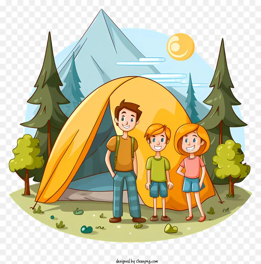 Cartoon Family Outdoor Camping Zelt Bild Familien Camping im Freien Abenteuer - Familiencampingausflug vor Zelt