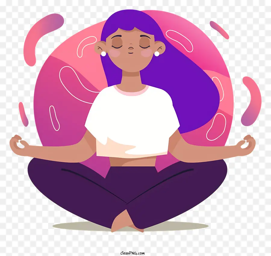 Meditation Lotus Position lila Haare weiße obere schwarze Hosen - Frau meditiert in Lotus Pose mit lila Haaren