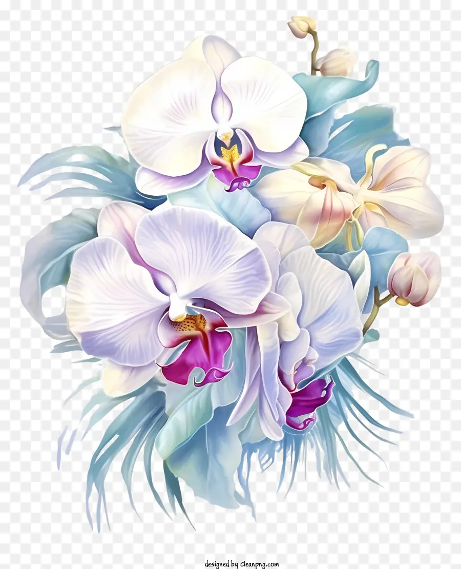 Orchideen Blumenarrangement weiße und blaue Blüten grüne Blätter Federn - Lebendige, detaillierte Blumenanordnung mit Federnhintergrund