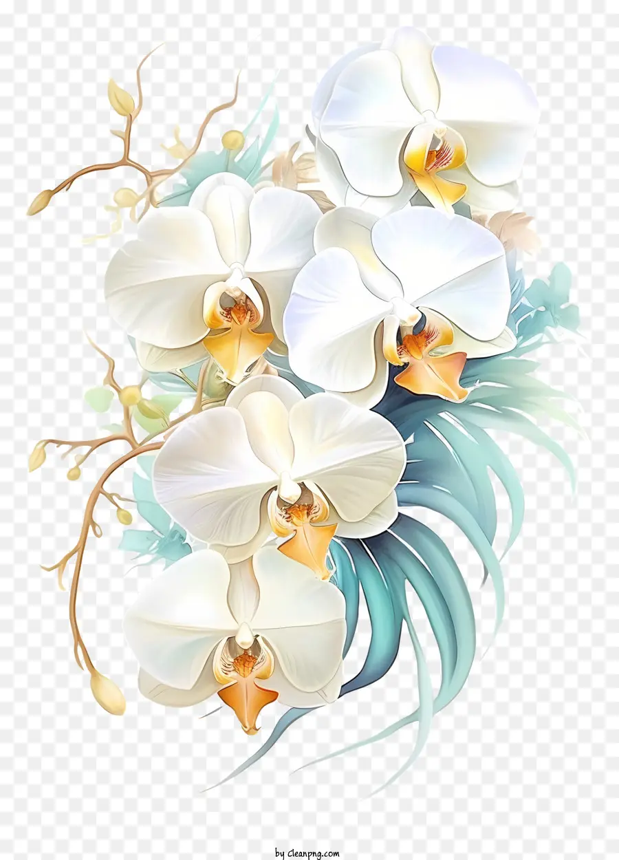 Digitale Kunstwerke weiße Orchideen Blumenarrangement schwarze Hintergrund zarte Blütenblätter - Digitales Kunstwerk: Weiße Orchideen, die auf Schwarz arrangiert sind