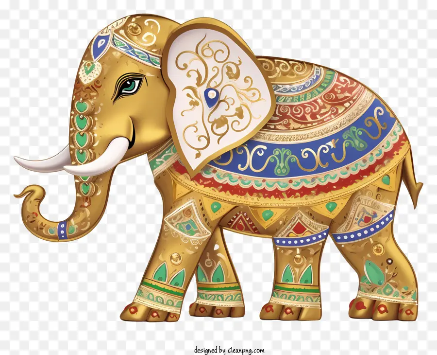 goldener verzierter Elefantelefant mit goldenem Design mit einer Juwelzkrone kunstvoller Elefant -Rumpf golden kunstvoller Tiara - Elefant mit goldenem kunstvollem Design und Accessoires