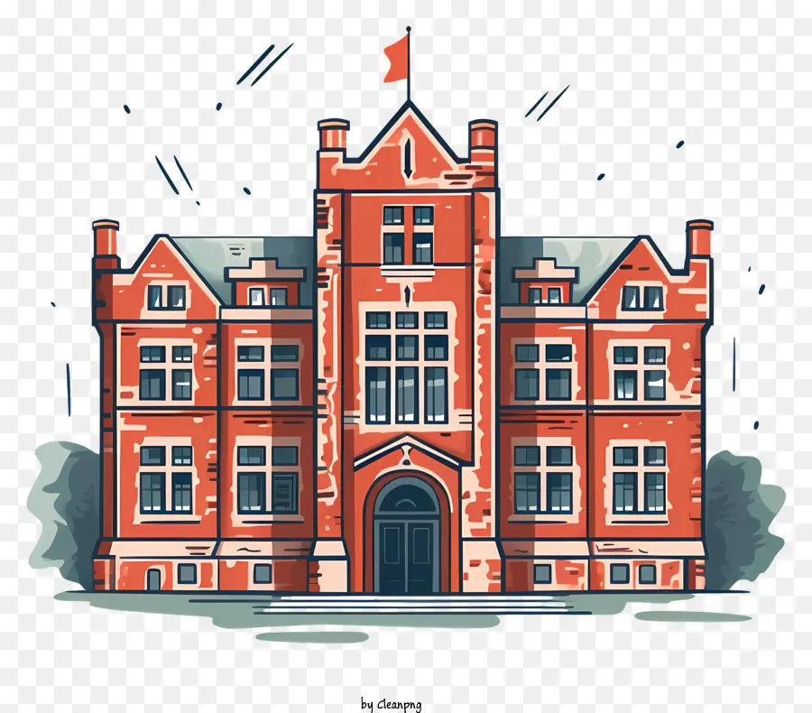 red brick building tall windows pointed roof arched windows flag pole