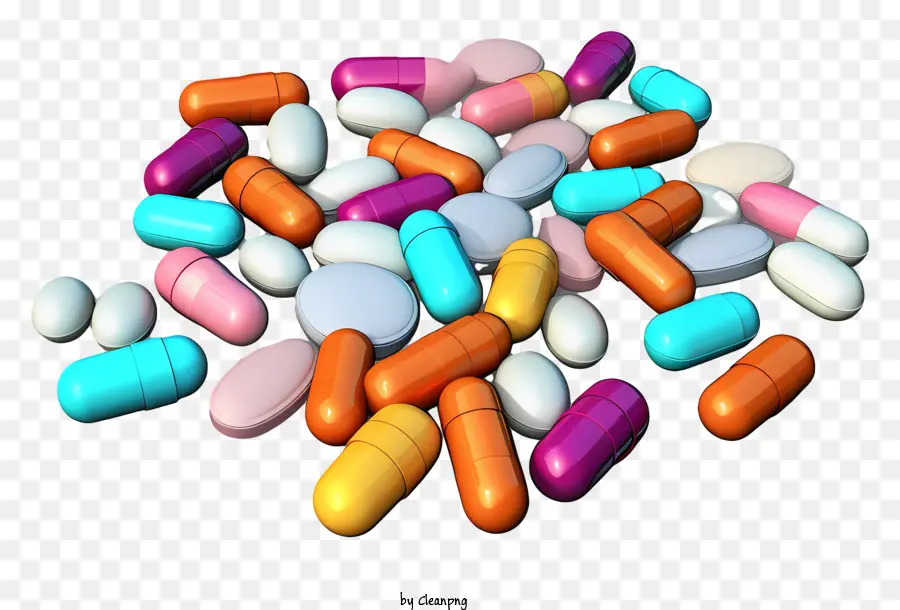 Pillen farbige Pillen Medizin Pharmazeutika Gesundheit - Stapel verschiedener farbiger Pillen auf schwarzem Hintergrund