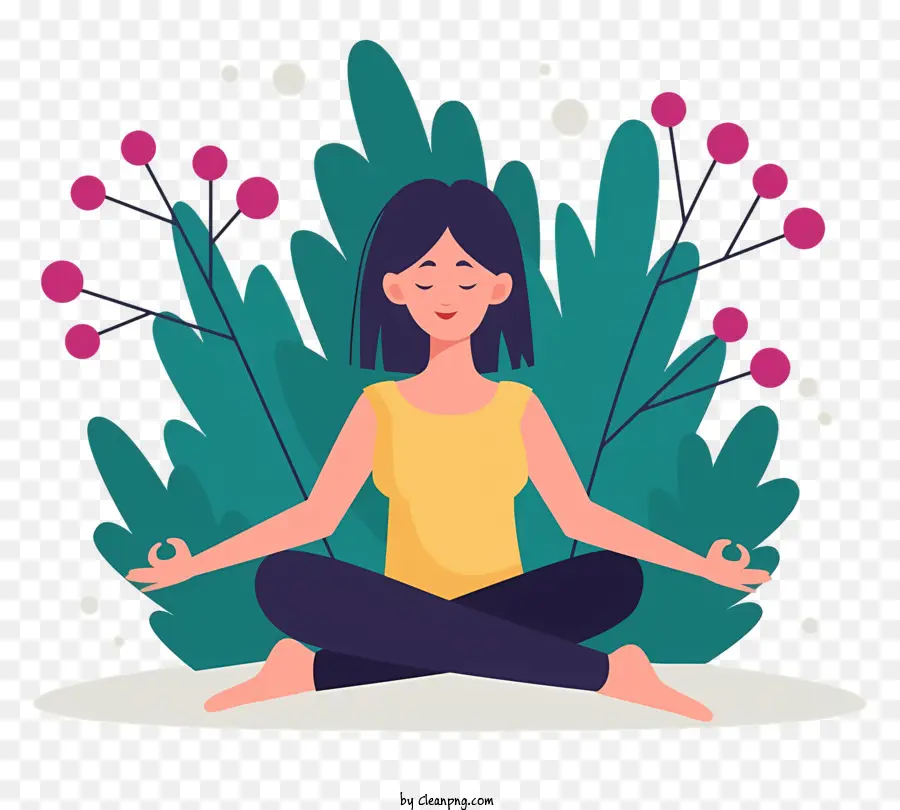 woman meditating yoga field of flowers trees yellow shirt