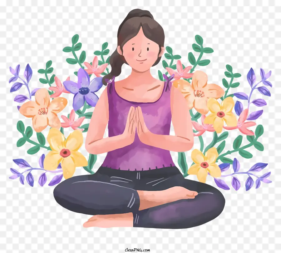 yoga posa la posizione loto donna sfondo fiori - La donna in loto posa meditando con i fiori