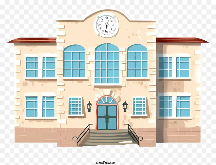 building with clock two-story facade beige brick building white trim large windows