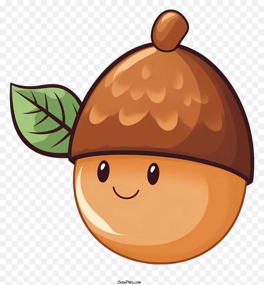 cartoonish acorn orange acorn leafy green stem smiling face black and white image