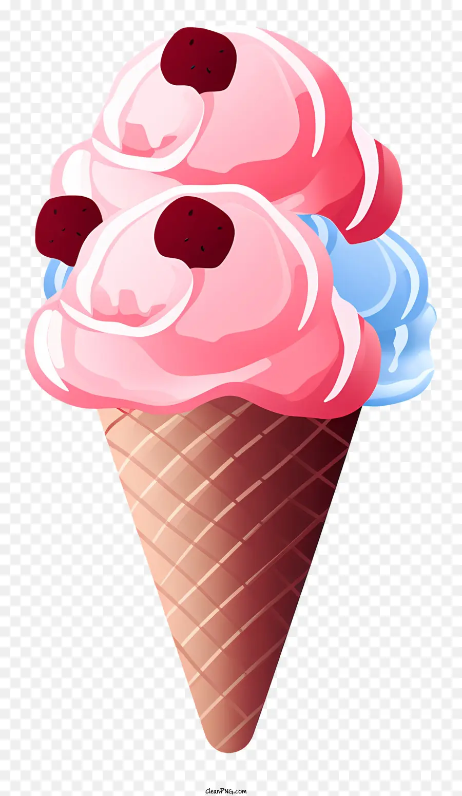 Pink Ice Cream Cone Raspberry Toppings Schokoladen Dip visuell ansprechendes Eis aufmerksamkeitsbekämpfter Dessert - Pink -Eiskegel mit Himbeer -Toppings und Schokoladendip auf schwarzem Hintergrund, visuell ansprechend und ruft Emotionen hervor