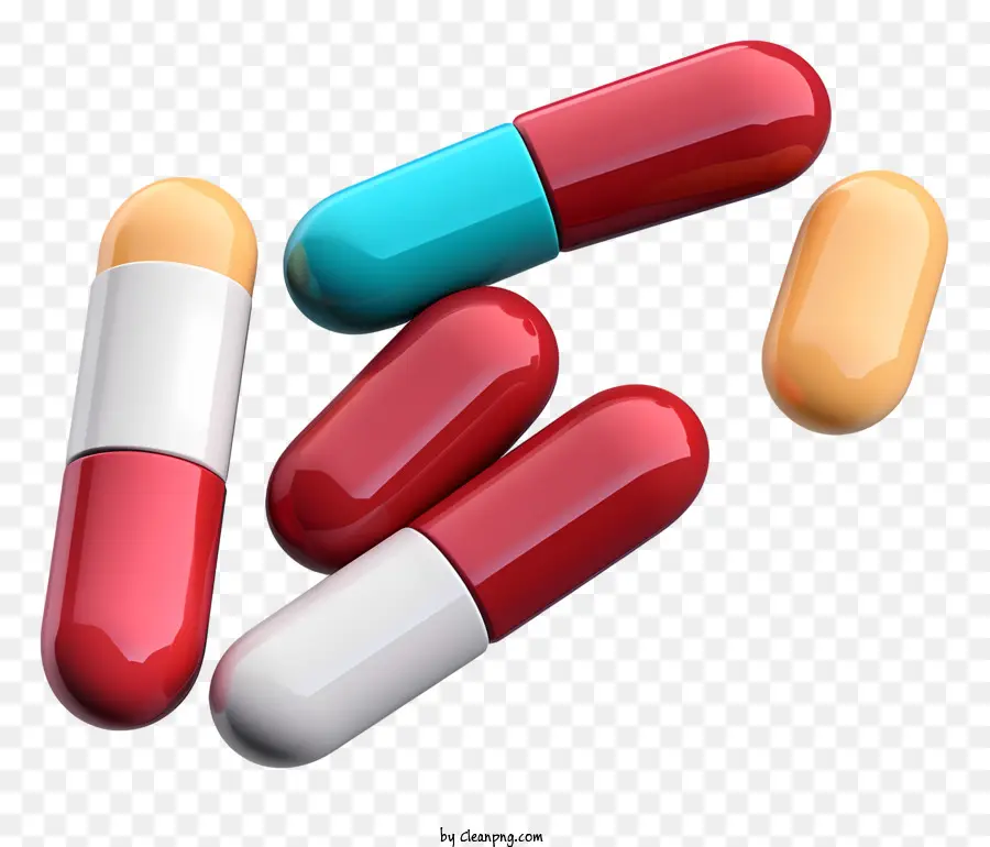 Pillen Medikamente rote und blaue Pillen Antibiotika Antihistaminika - Gestapelte Pillen verschiedener Formen und Farben