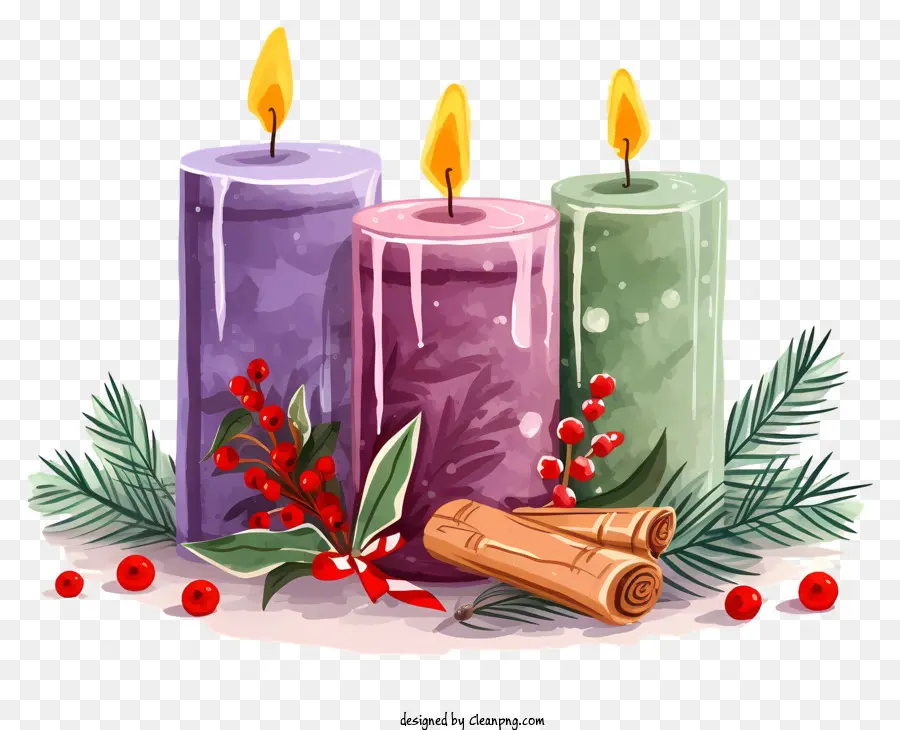Weihnachten Kerzen - Drei Kerzen mit festlichen Dekorationen auf schwarzem Hintergrund