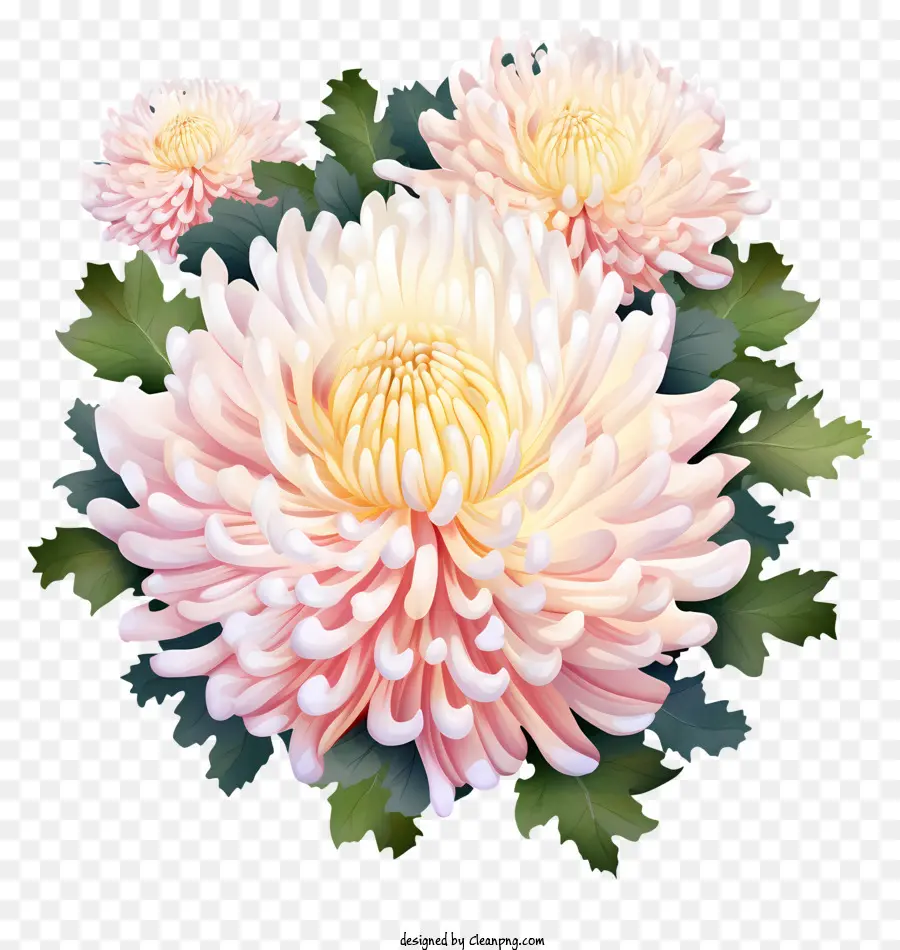 chrysanthemums bright pink blooms green leaves symmetrical arrangement central bloom