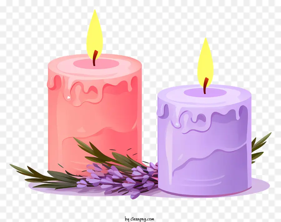 Kerzen lila Kerzen rosa Kerzen Lavendel Blumen schwarzer Hintergrund - Zwei Kerzen mit Lavendelblumen auf schwarzem Hintergrund