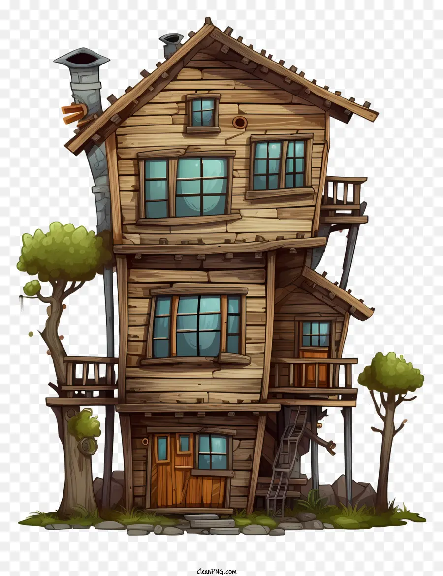 nhà gỗ nhỏ cầu thang ban công ván gỗ ván lợp gỗ - Ngôi nhà gỗ nhỏ trong rừng với ban công