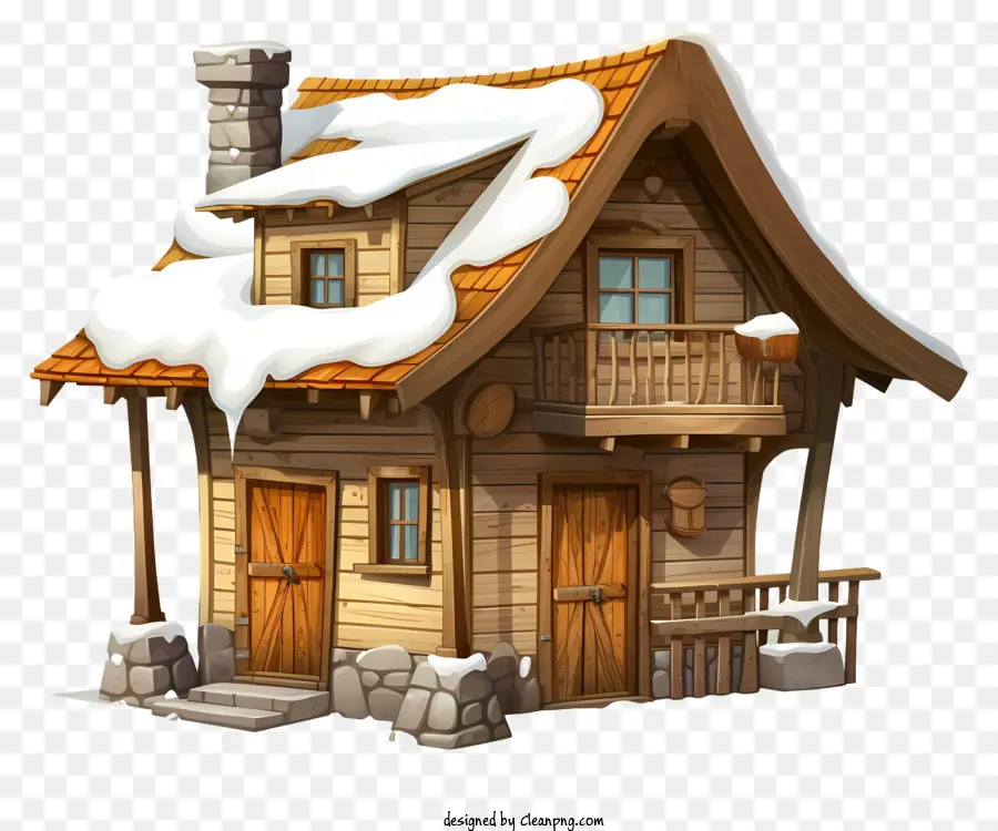 snow-covered wooden building steeply pitched roof wooden door and windows balcony staircase