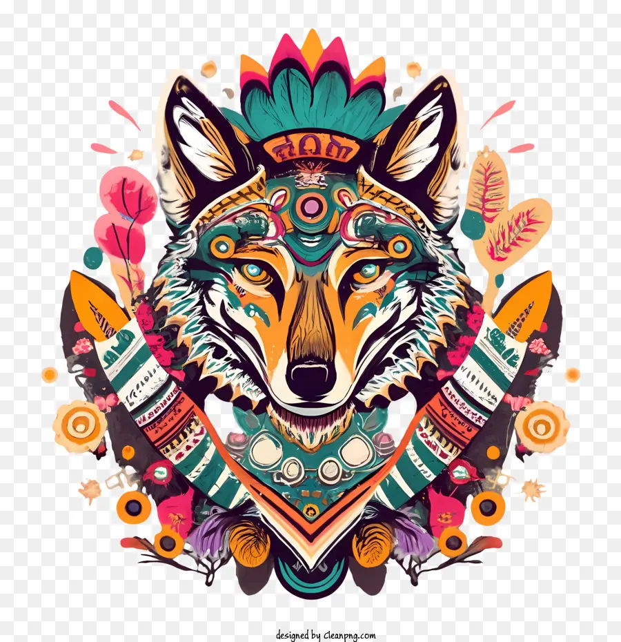 wolf head wolf tribal floral ornate