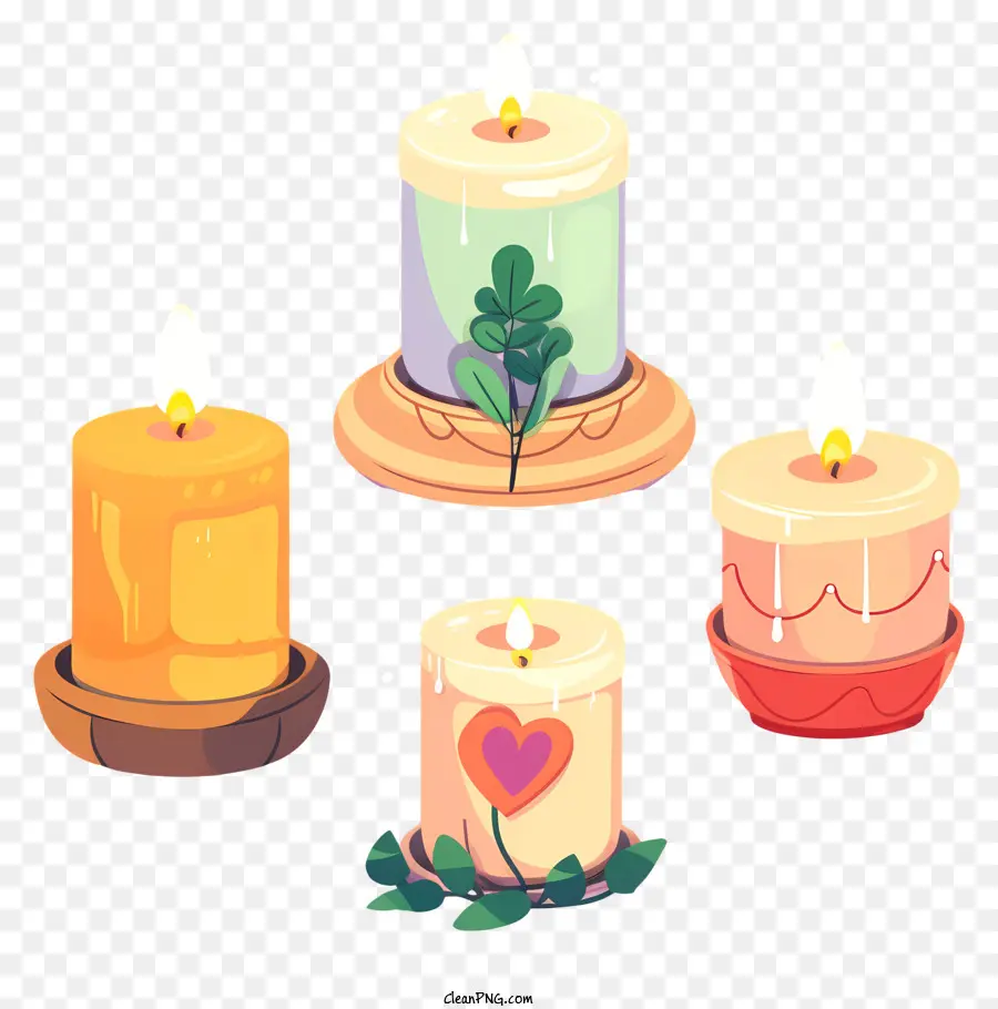 grünes Blatt - Vier Kerzen mit Blumen, ein grünes Blatt