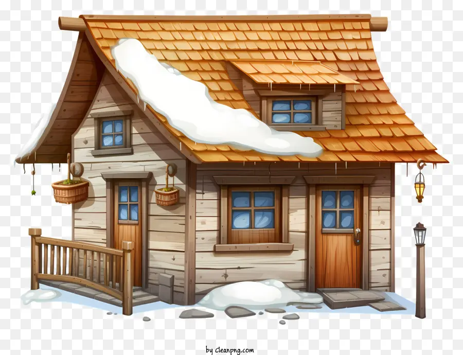 small wooden house steep roof wood planks snowy landscape wooden fence