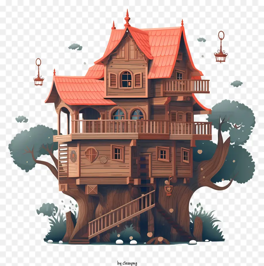 wooden house multi-level roof porch tree house natural environment