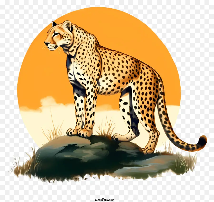leopard rocky outcropping tall grass large orange sun sleek body