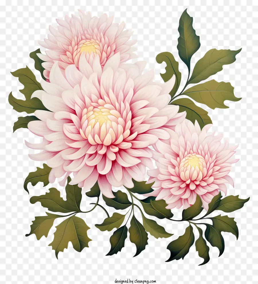 rosa Chrysanthemen malen Blumen schwarzer Hintergrund große Blütenblätter - Realistisches, detailliertes Gemälde von drei rosa Chrysanthemen