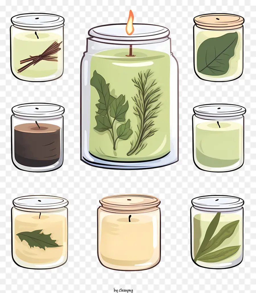 Candele barattolo di vetro piccoli foglie di candele verde chiaro candele verde scuro - Immagini di varie candele in barattoli di vetro con foglie