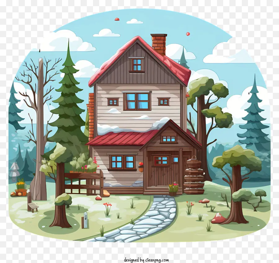small wooden house red roof wooded area tall green trees path to front door