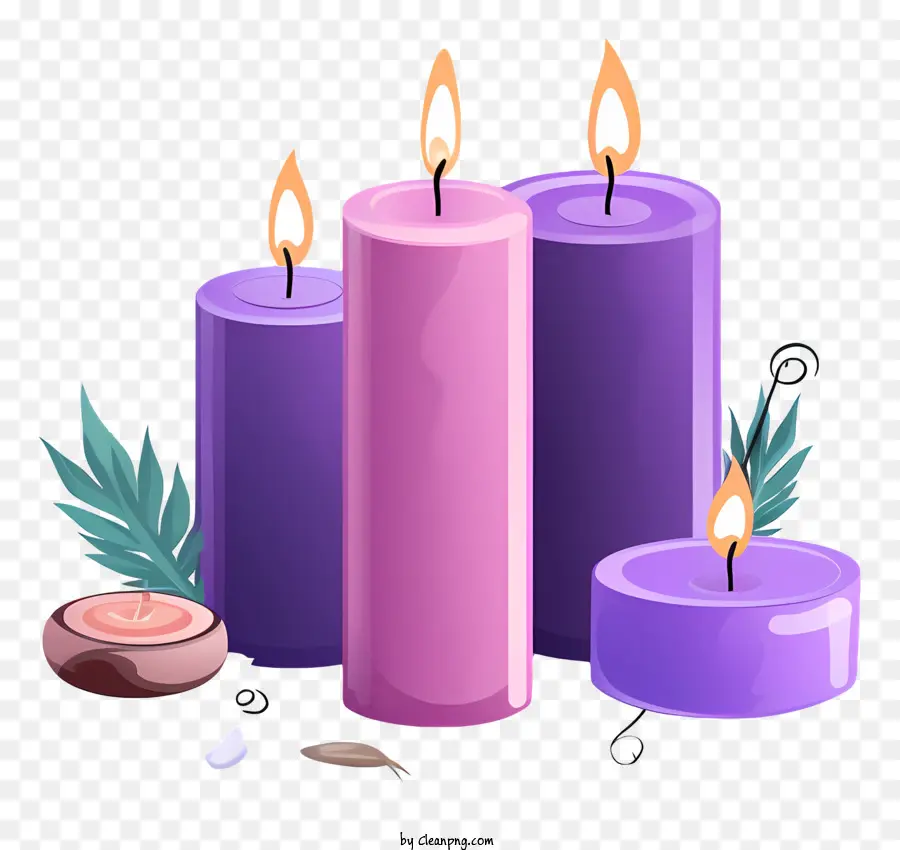 Lavendel - Drei beleuchtete lila Kerzen mit Lavendel und Blume