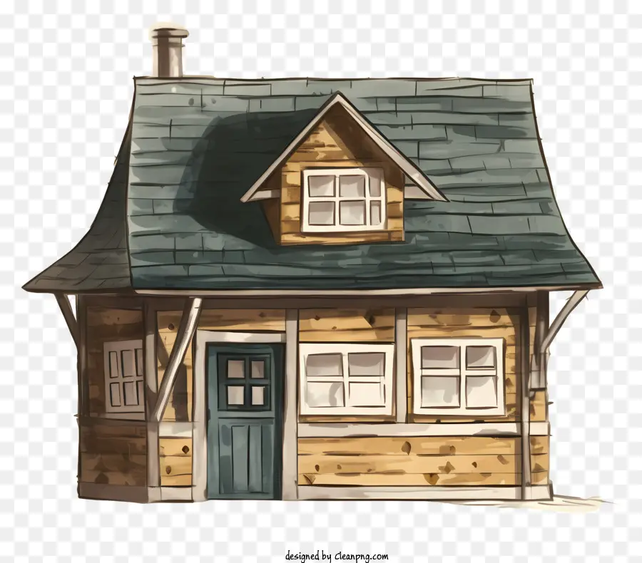 small wooden house blue slate roof white wooden siding small window dormer window
