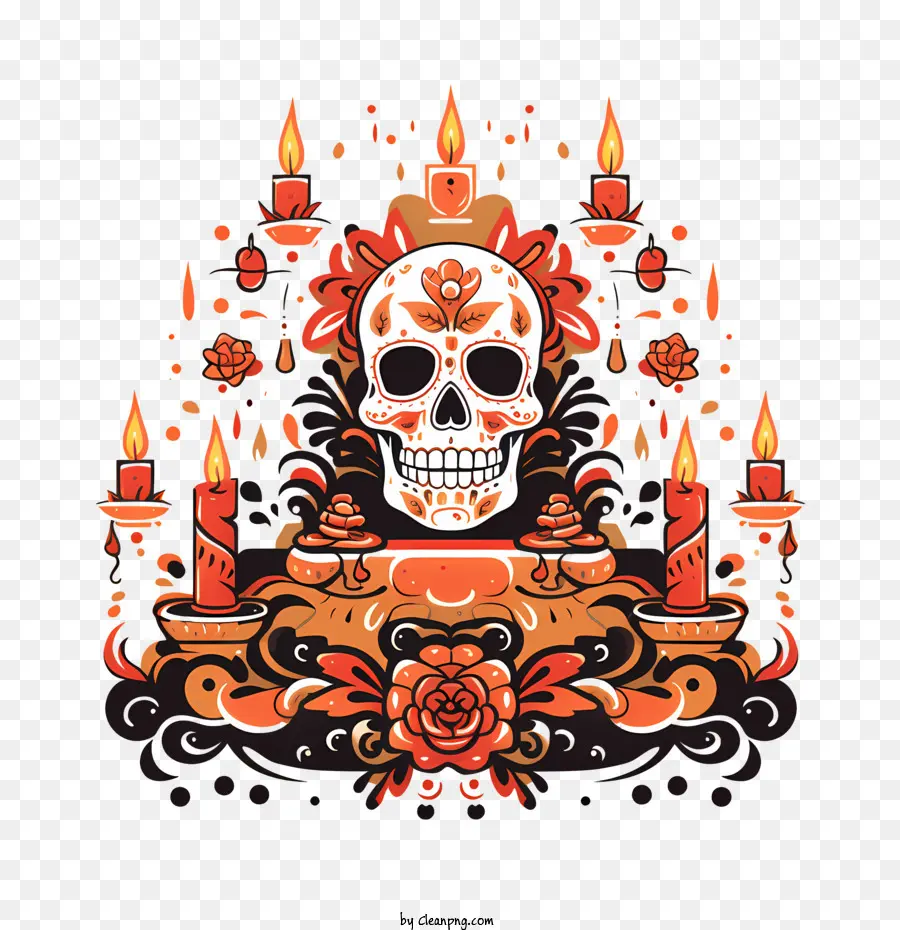 ofrenda day of the dead skull candles cats