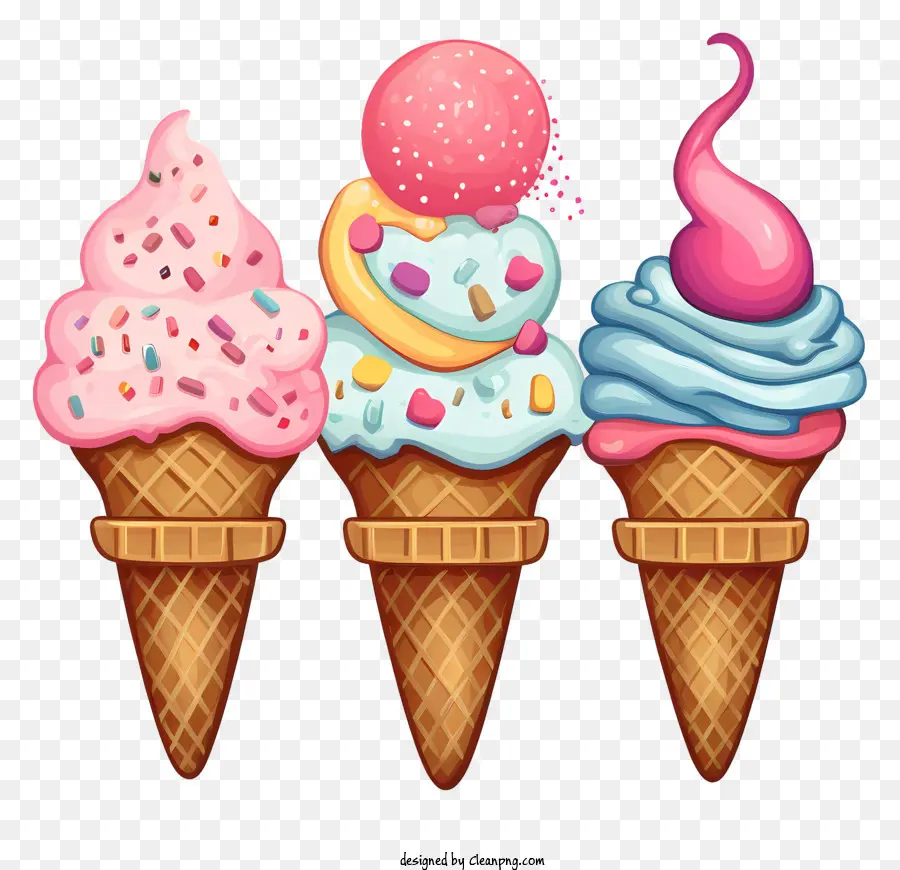 Coni Gelato - Primo piano di tre coni di gelato su sfondo nero