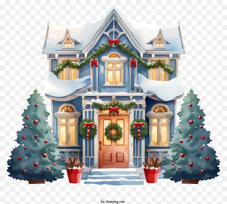 decorazioni di natale - Casa innevata con decorazioni e alberi natalizi