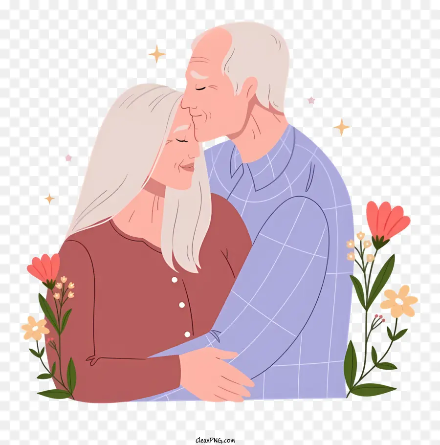 Coppia di anziani Happy abbracci sorrisi camicetta - Coppia di anziani felice che si abbraccia in background floreale