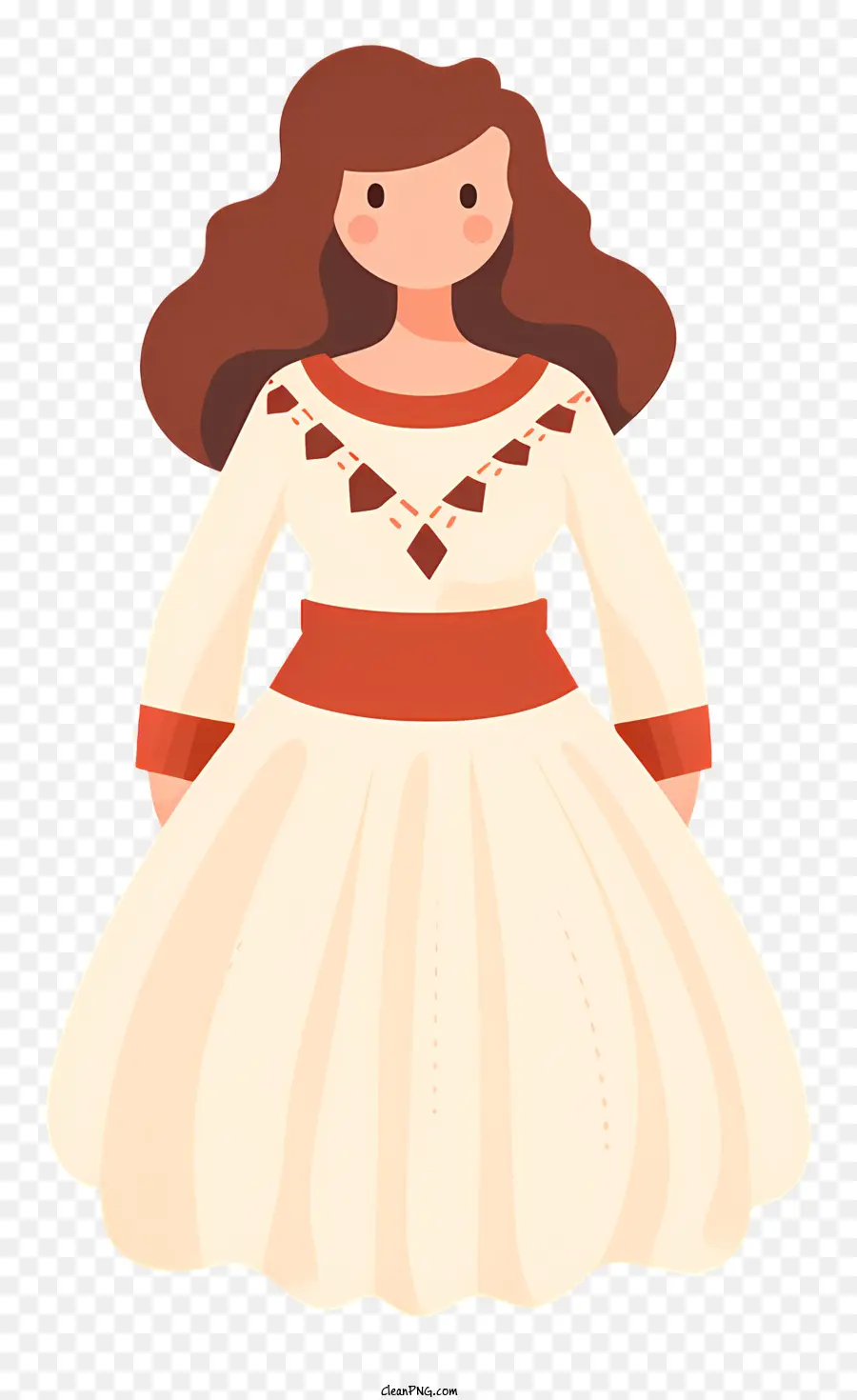 woman in white dress red sash long sleeves wide collar long brown hair