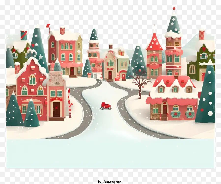 Weihnachtsmann - Schneestadt mit rotem Auto und Weihnachtsmann