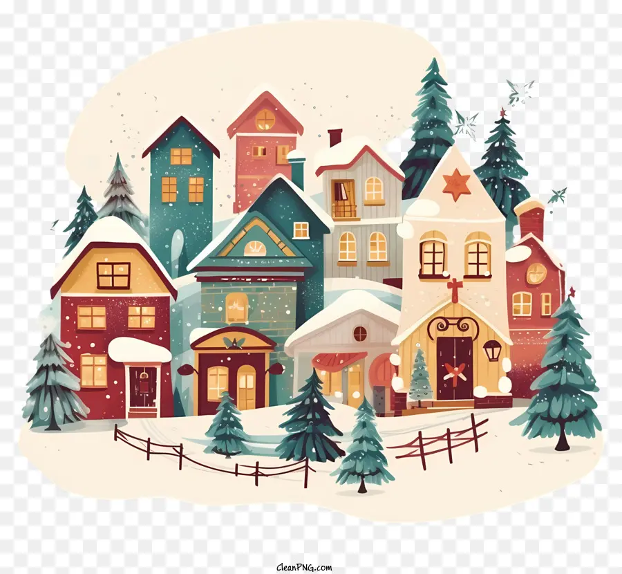 cittadina di piccole città recinzione neve - Città nevosa con case in legno e alberi