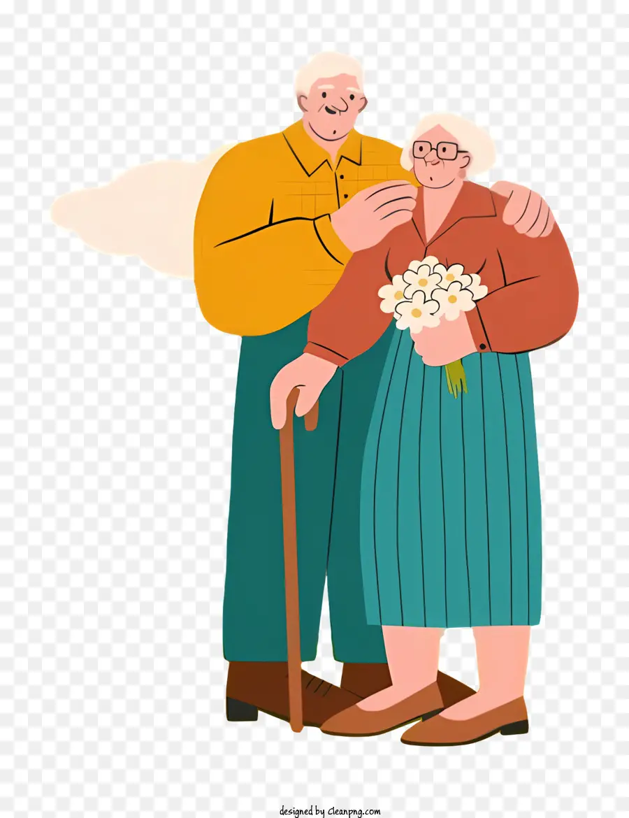 Blumenstrauß - Älteres Paar mit Blumen, lächelte gegen die Kamera