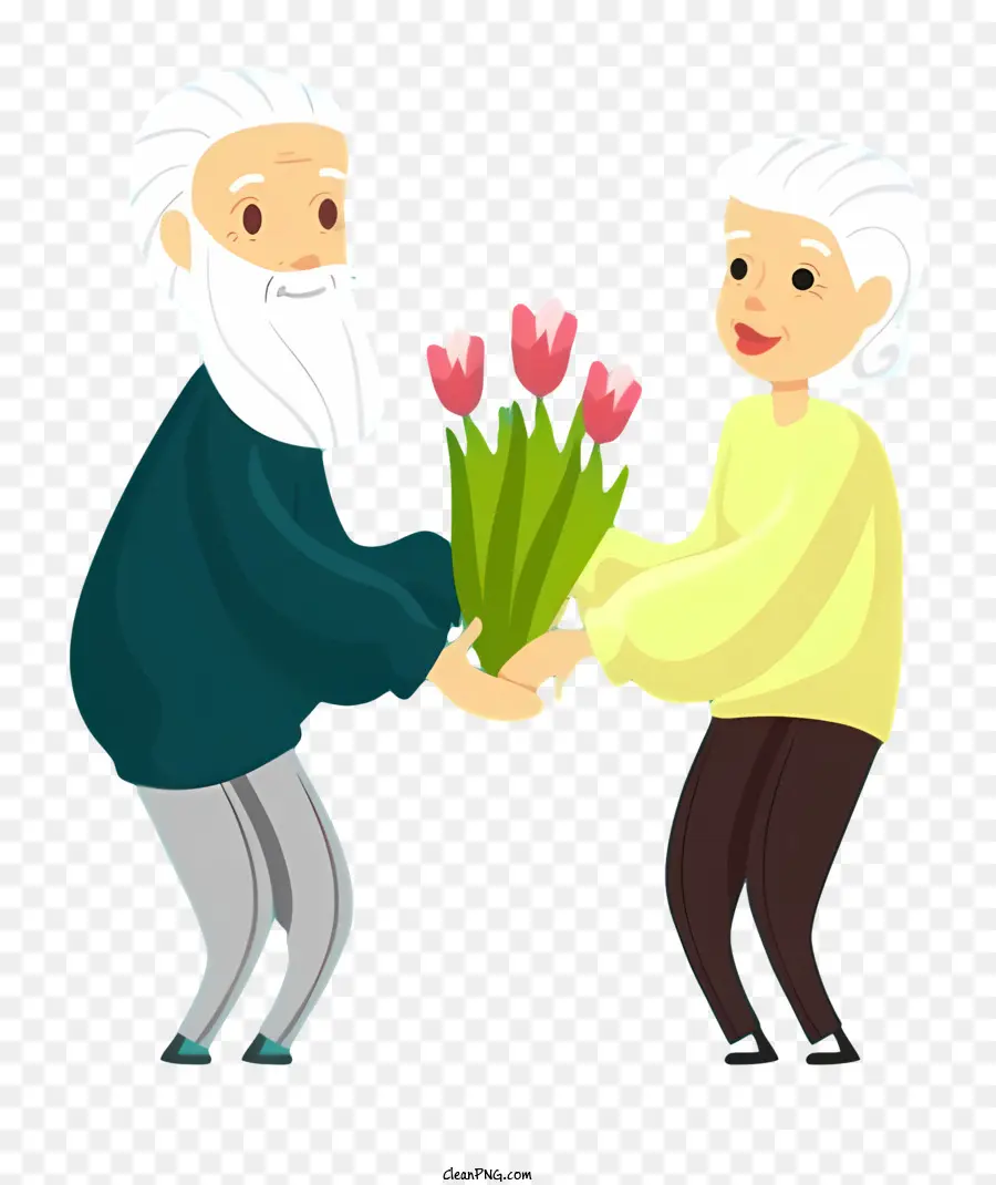 Người đàn ông già Bouquet of tulips White Shirt Black Tie Woman - Người đàn ông và người phụ nữ lớn tuổi cầm hoa tulip, vui vẻ