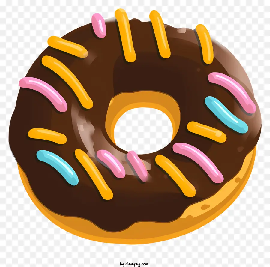 Schokoladen -Donut -Regenbogen -Streusel -Loch im mittleren dunklen Schokoladenschicht farbenfrohe Streusel - Schokoladen -Donut mit Regenbogenstreuseln darüber