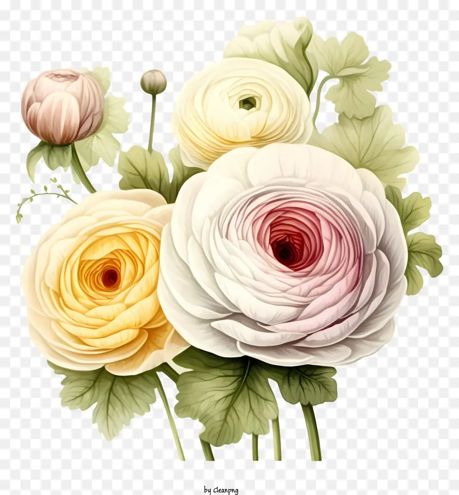 Blumenstrauß farbige Blüten rosa und weiße Rosengrüne Blätter Stängel - Heller, realistischer Strauß von rosa und weißen Rosen