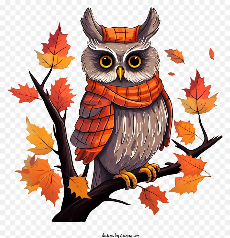 ramo di albero - Wise Owl in autunno circondato da foglie