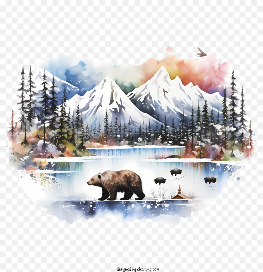 Alaska Day Bear Watercolor Wilderness Mountains - 