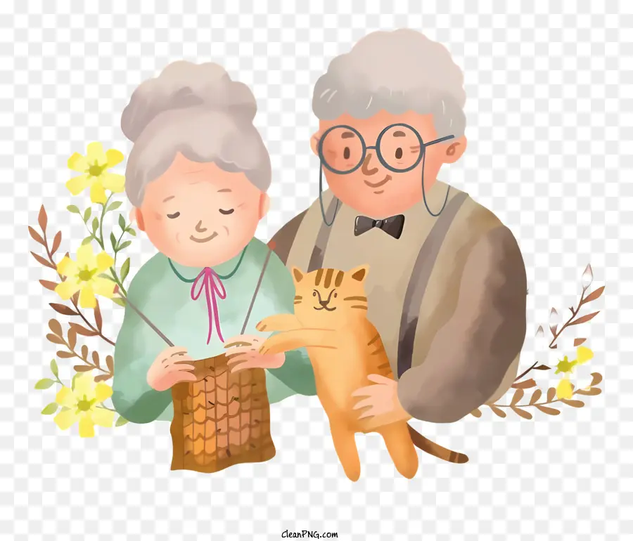 Gesteck - Älteres Paar sitzt glücklich mit Katze und Blumen zusammen