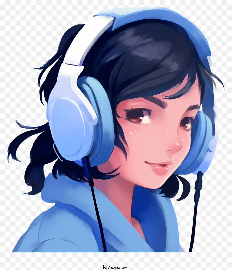 woman with headset blue shirt black pants ponytail hairstyle smiling expression