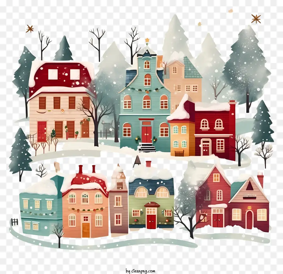 Schnee Landschaftshäuser Bäume Farben Designs - Farbenfrohe Häuser und Bäume in einer schneebedeckten Landschaft