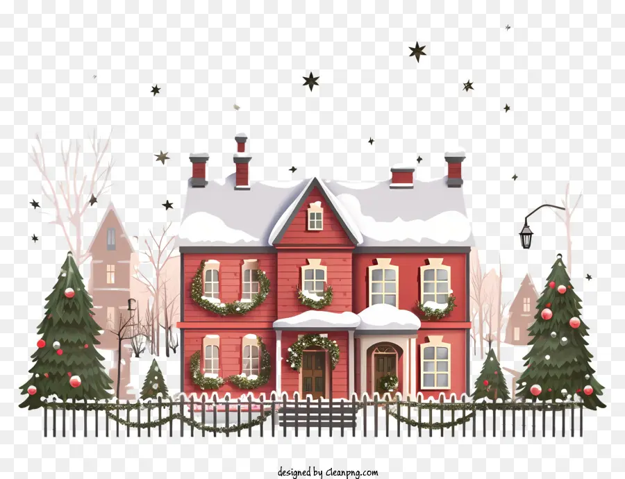 Haus mit roten Außenlehre Dekorationen Gemütliches Haus Festlichter Winterabend - Gemütliches Ferienhaus mit rotem Äußeren und Dekorationen